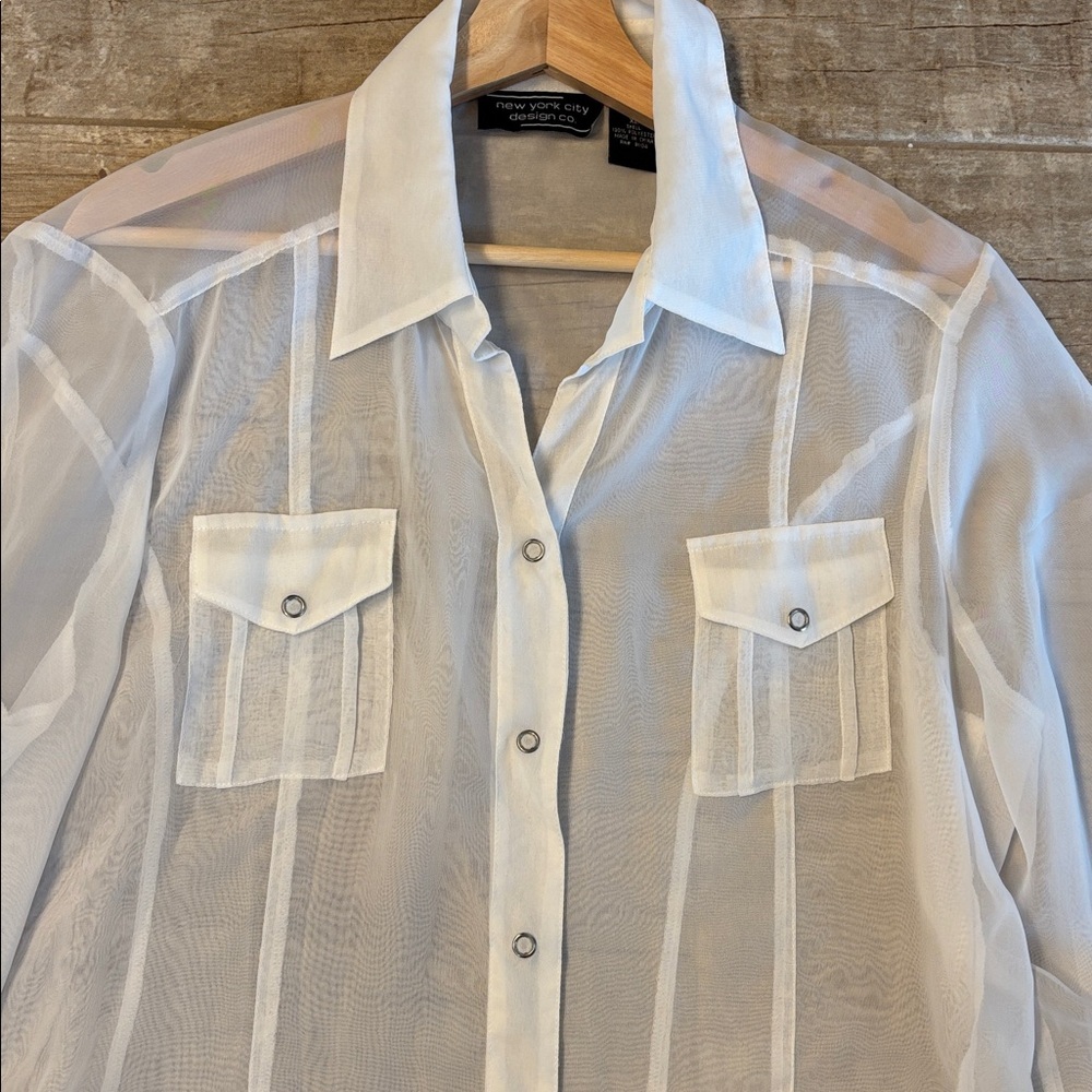 New York City Design Sheer White Button-Up Blouse - Picture 4 of 5